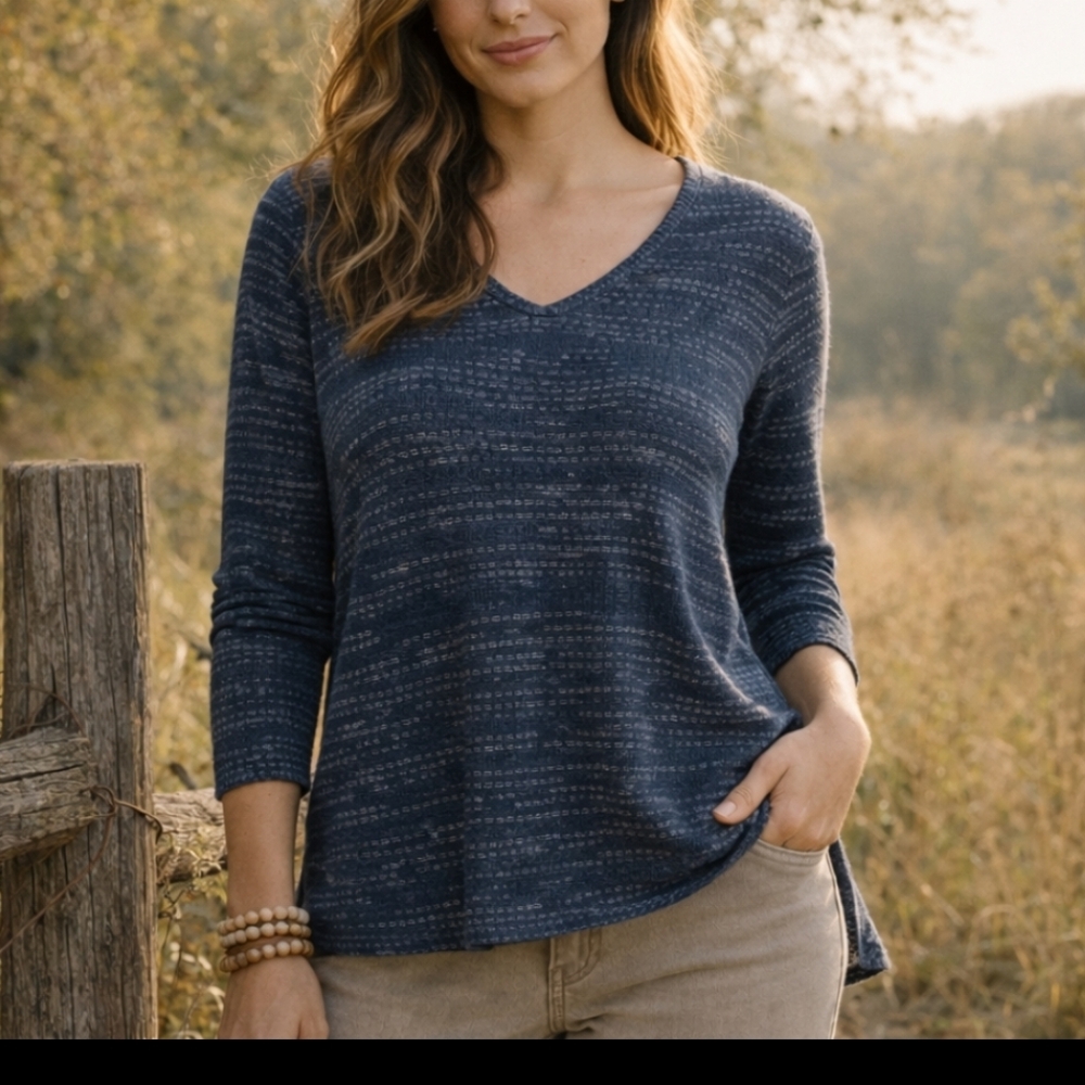 Indigo Pure Jill Tunic Top Large – Soft Knit V-Neck Boho Cotton Blend